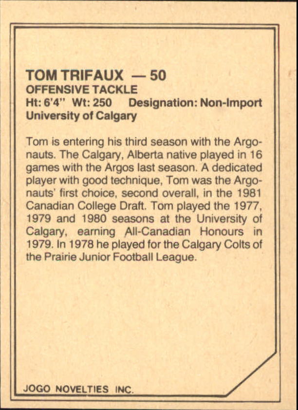 1983 JOGO Limited #20 Tom Trifaux back image