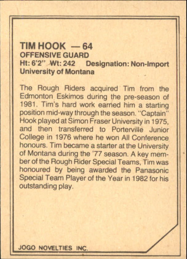 1983 JOGO Limited #30 Tim Hook back image
