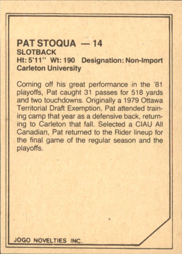 1983 JOGO Limited #39 Pat Stoqua back image