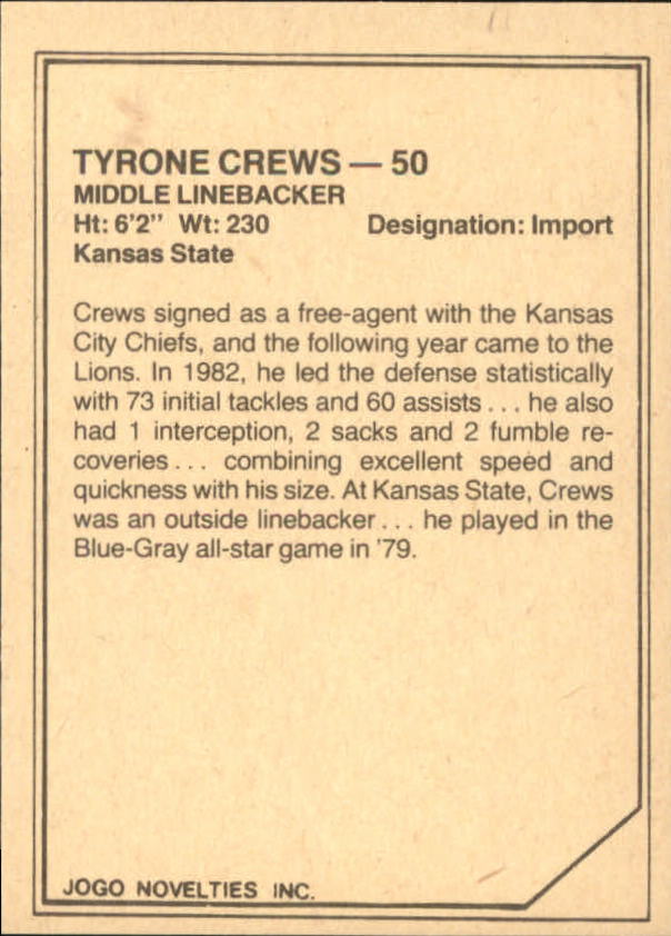 1983 JOGO Limited #59 Tyrone Crews back image