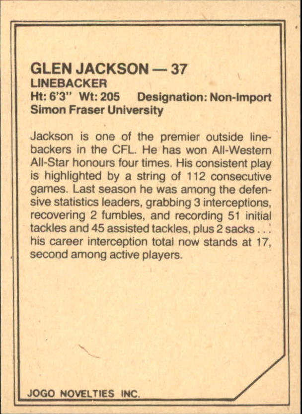 1983 JOGO Limited #64 Glen Jackson back image