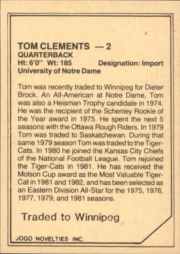 1983 JOGO Limited #75 Tom Clements back image