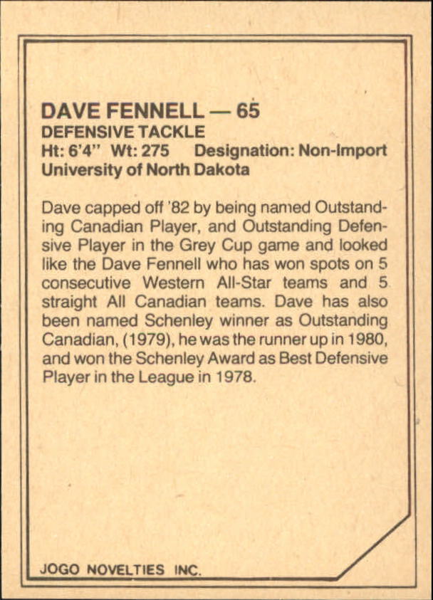 1983 JOGO Limited #85 Dave Fennell back image