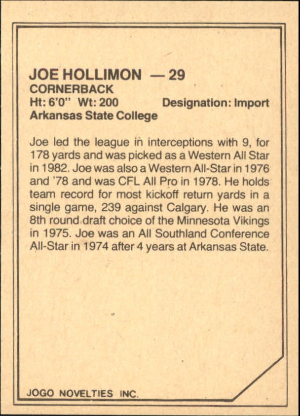 1983 JOGO Limited #88 Joe Hollimon back image