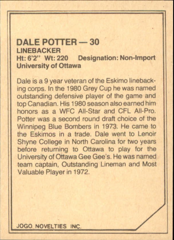 1983 JOGO Limited #93 Dale Potter back image