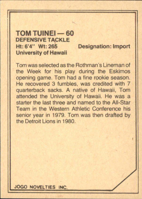 1983 JOGO Limited #96 Tom Tuinei back image
