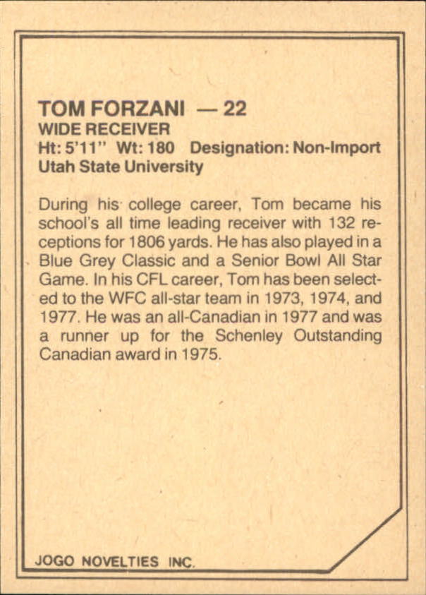 1983 JOGO Limited #100 Tom Forzani back image