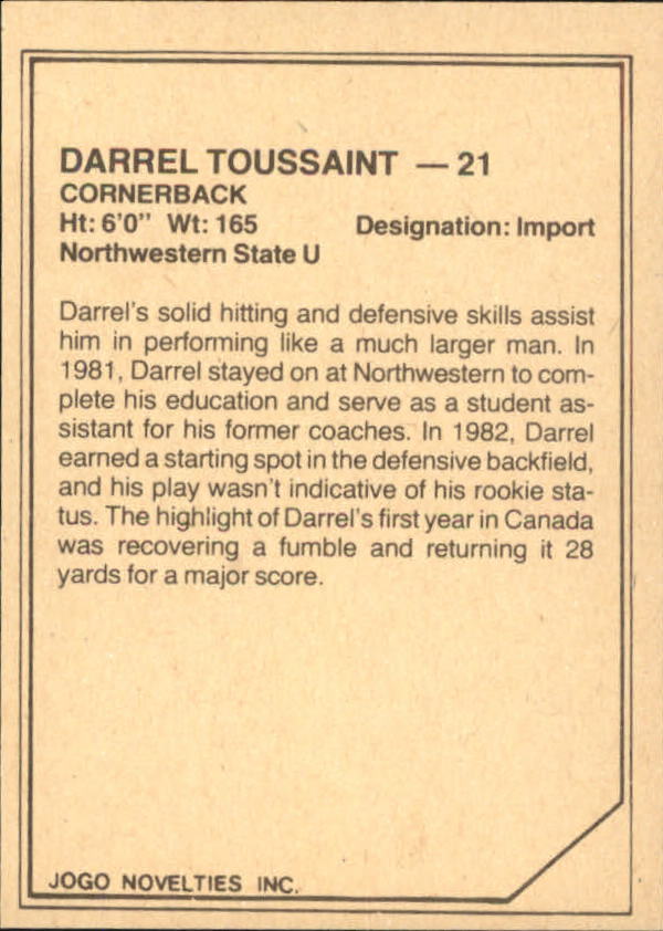 1983 JOGO Limited #104 Darrell Toussaint back image