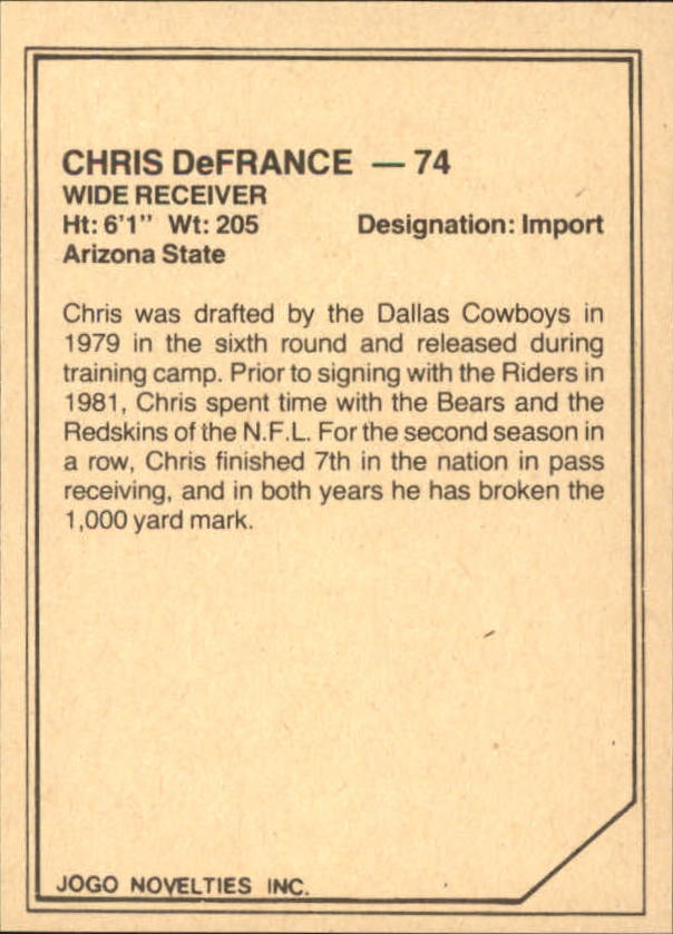 1983 JOGO Limited #105 Chris DeFrance back image