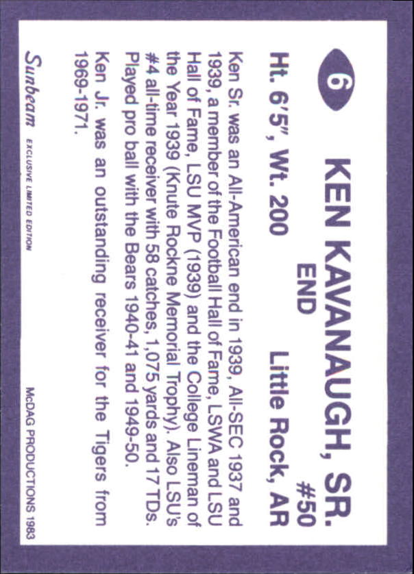 1983 LSU Sunbeam #6 Ken Kavanaugh Sr. back image