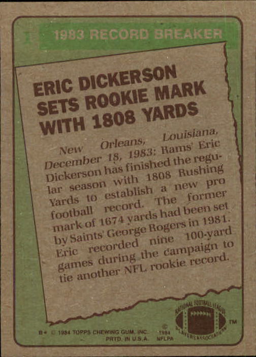 1984 Topps #1 Eric Dickerson RB/Sets Rookie Mark/With 1808 Yards back image