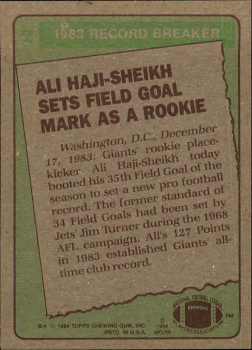 1984 Topps #2 Ali Haji-Sheikh RB/Sets Field Goal/Mark as a Rookie back image
