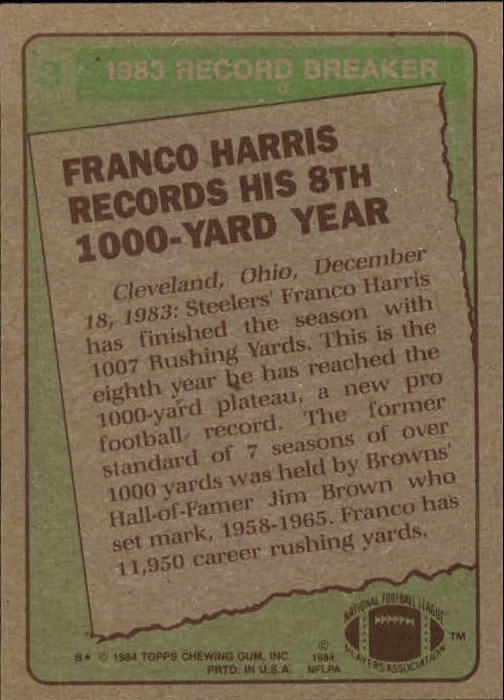 1984 Topps #3 Franco Harris RB/Records Eighth/1000 Yard Year back image
