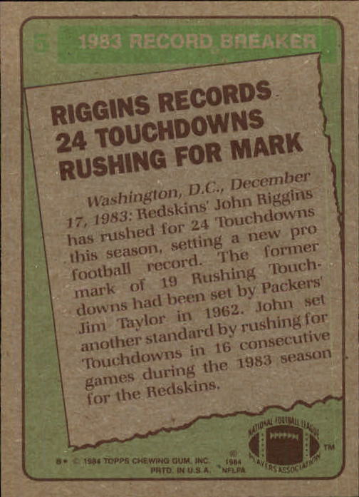 1984 Topps #5 John Riggins RB/24 Rushing TD's back image