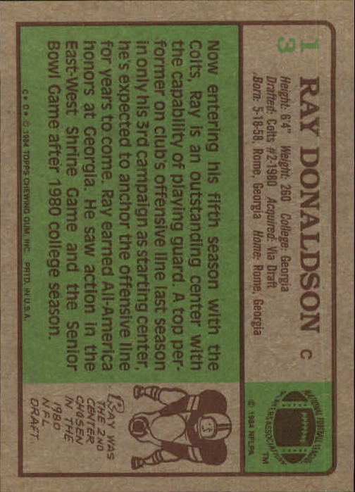 1984 Topps #13 Ray Donaldson RC back image