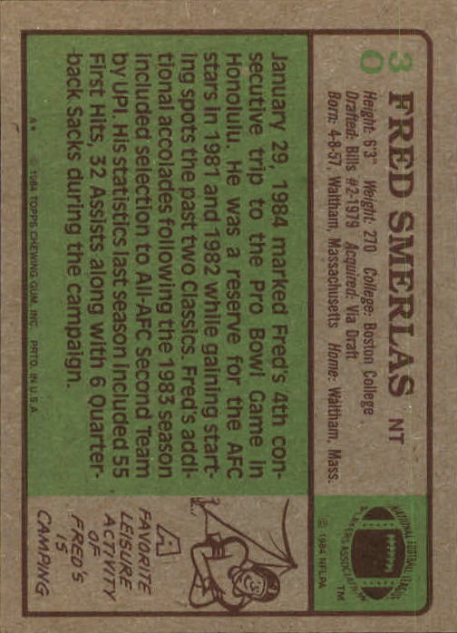1984 Topps #30 Fred Smerlas back image
