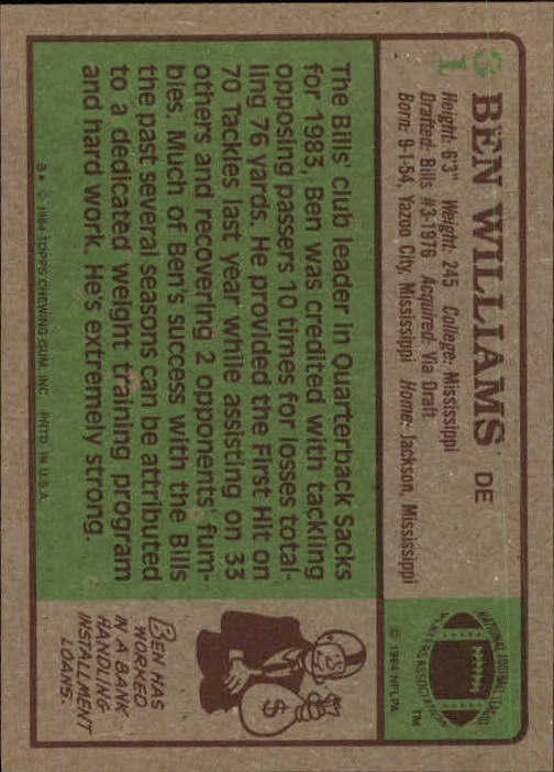 1984 Topps #31 Ben Williams back image