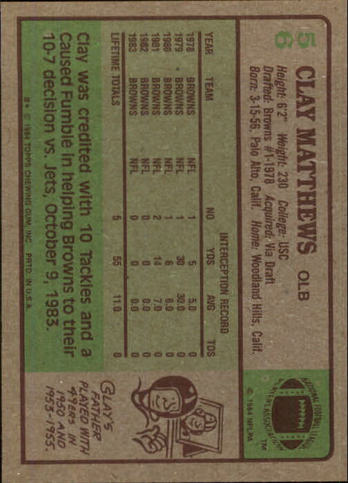 1984 Topps #56 Clay Matthews back image