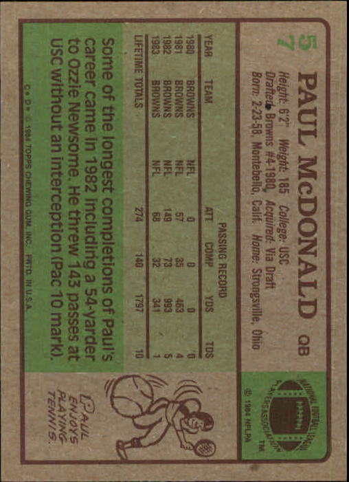 1984 Topps #57 Paul McDonald back image
