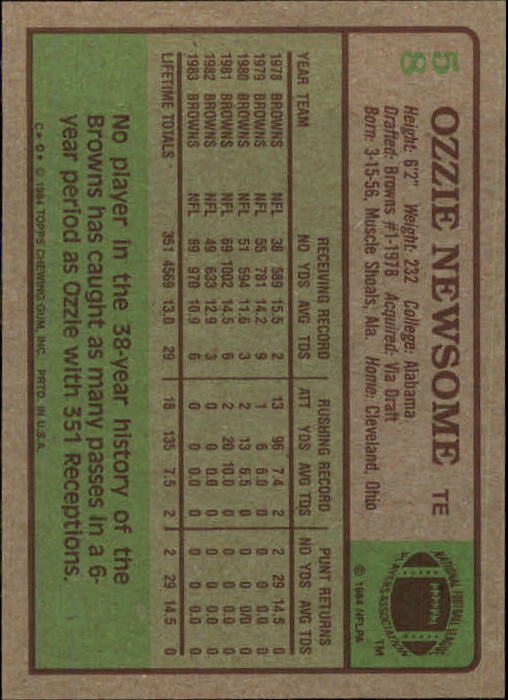 1984 Topps #58 Ozzie Newsome back image