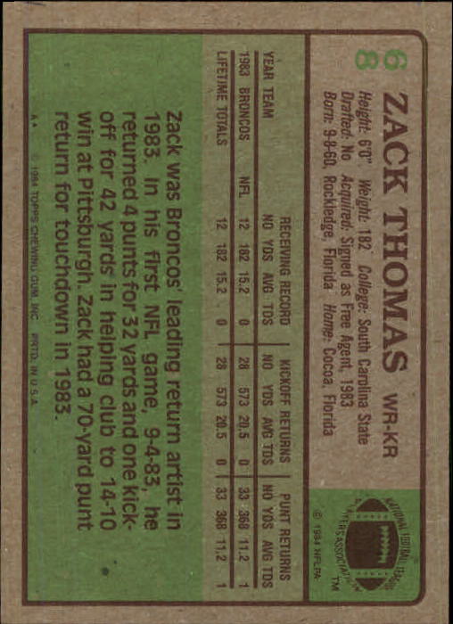 1984 Topps #68 Zach Thomas WR back image