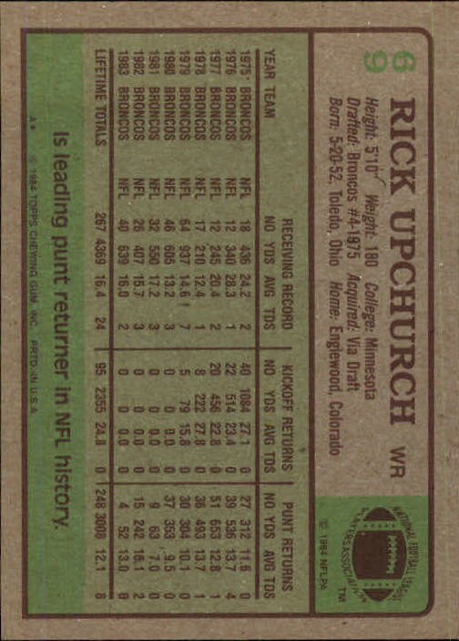 1984 Topps #69 Rick Upchurch back image