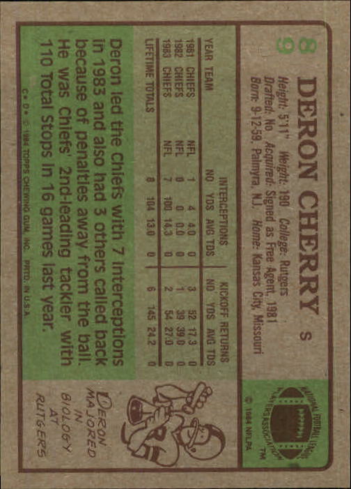 1984 Topps #89 Deron Cherry PB RC back image