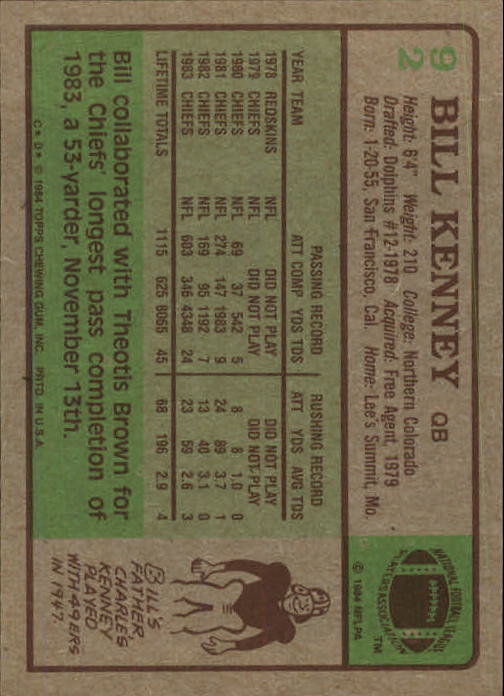 1984 Topps #92 Bill Kenney back image
