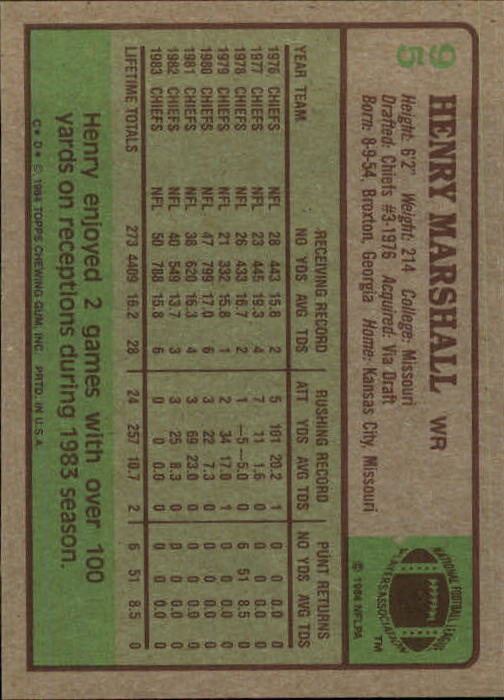 1984 Topps #95 Henry Marshall back image