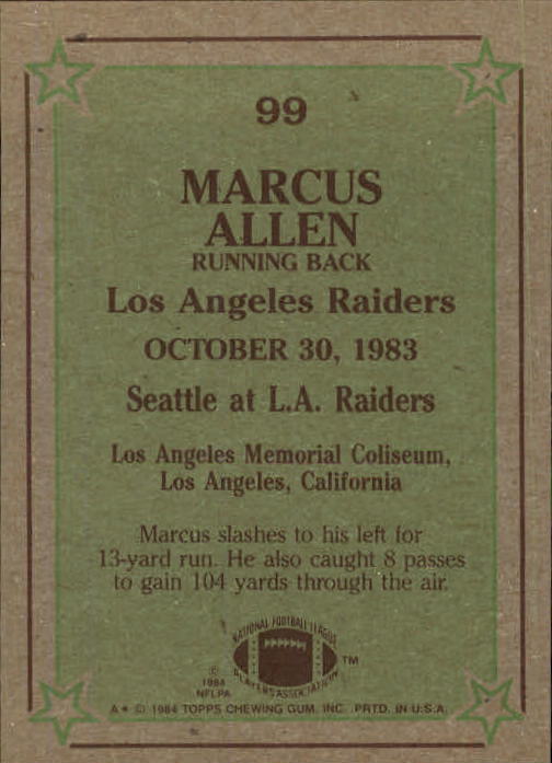 1984 Topps #99 Marcus Allen IR back image