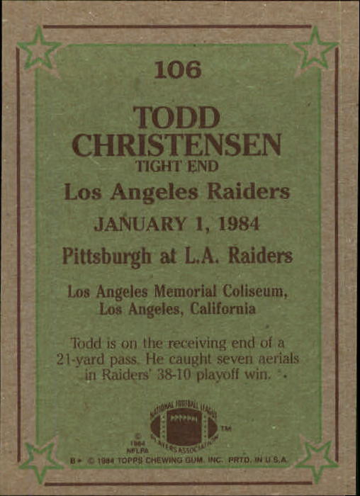 1984 Topps #106 Todd Christensen IR back image
