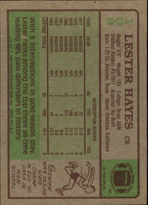 1984 Topps #109 Lester Hayes back image
