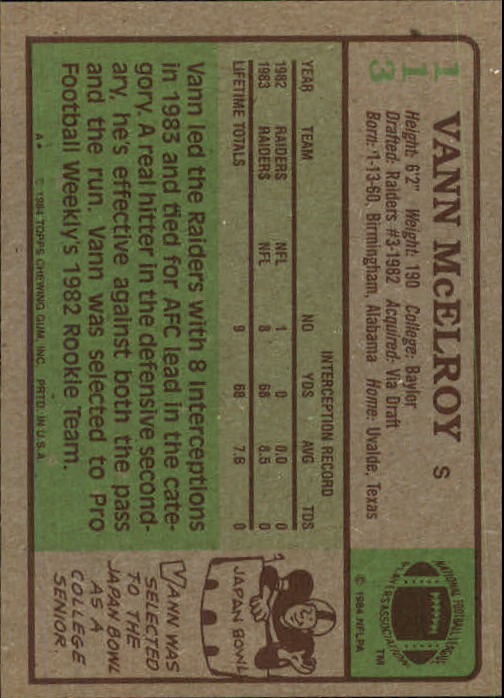 1984 Topps #113 Vann McElroy RC back image