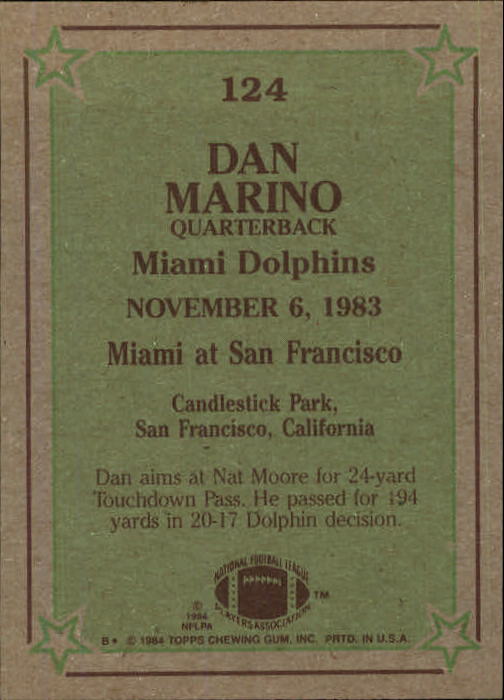1984 Topps #124 Dan Marino IR back image