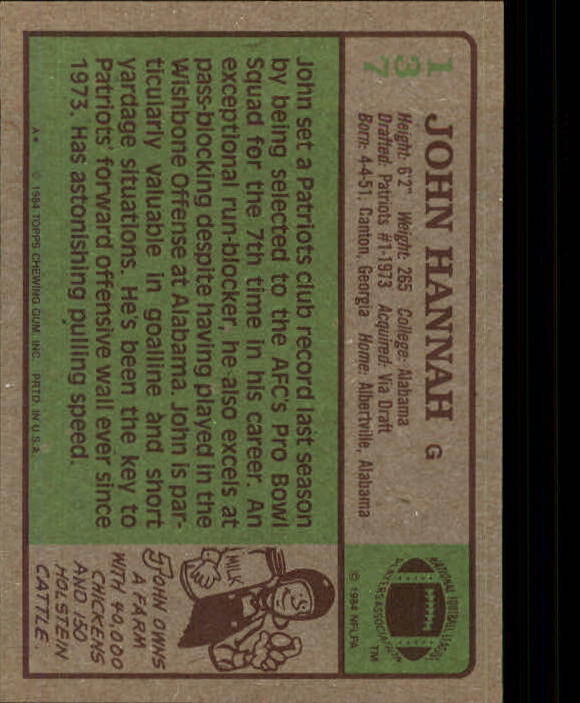 1984 Topps #137 John Hannah PB back image