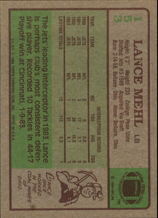1984 Topps #153 Lance Mehl back image