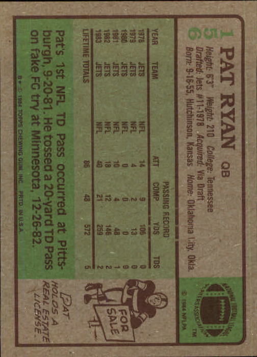1984 Topps #156 Pat Ryan RC back image