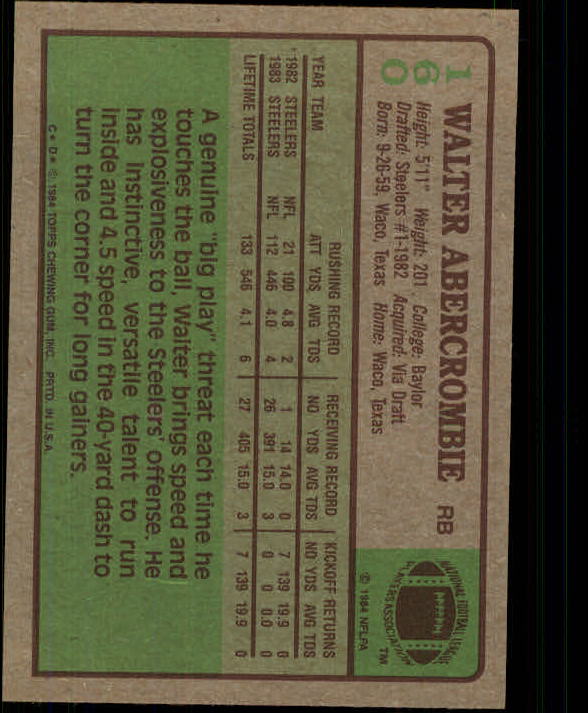 1984 Topps #160 Walter Abercrombie RC back image