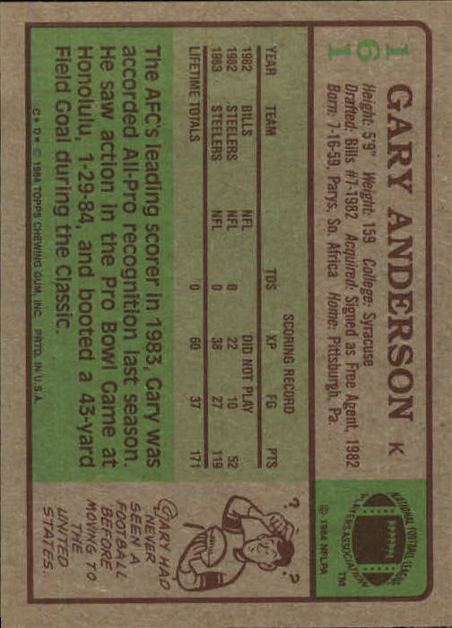 1984 Topps #161 Gary Anderson K back image