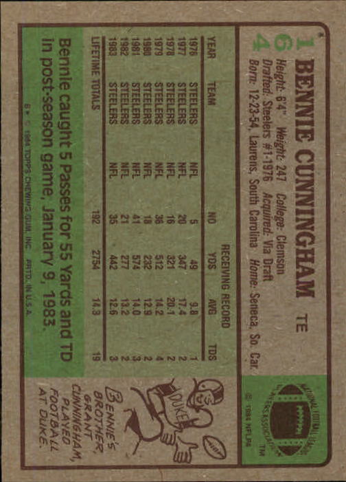 1984 Topps #164 Bennie Cunningham back image