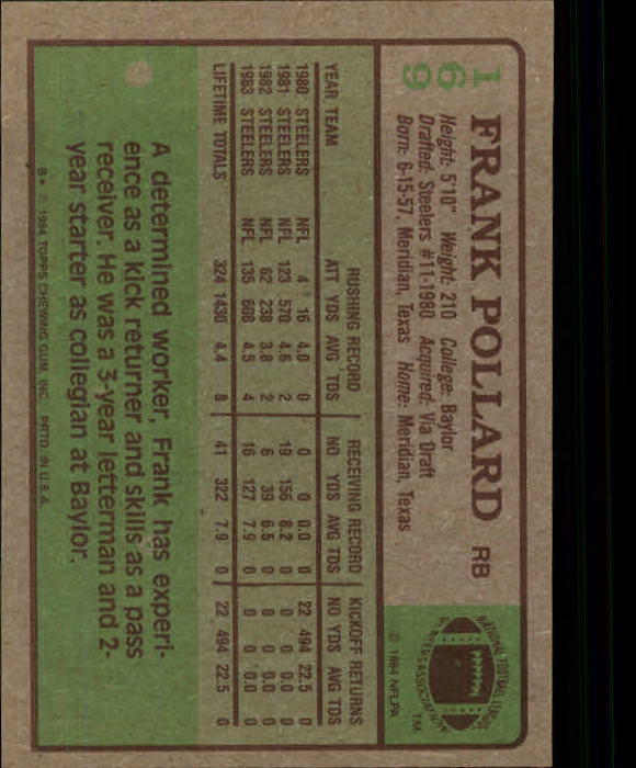 1984 Topps #169 Frank Pollard back image