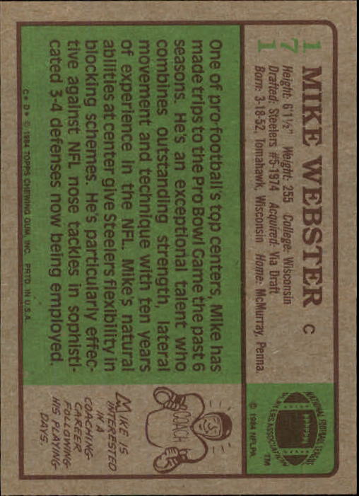 1984 Topps #171 Mike Webster PB back image