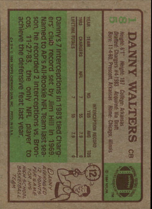 1984 Topps #185 Danny Walters RC back image