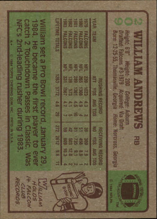 1984 Topps #209 William Andrews back image