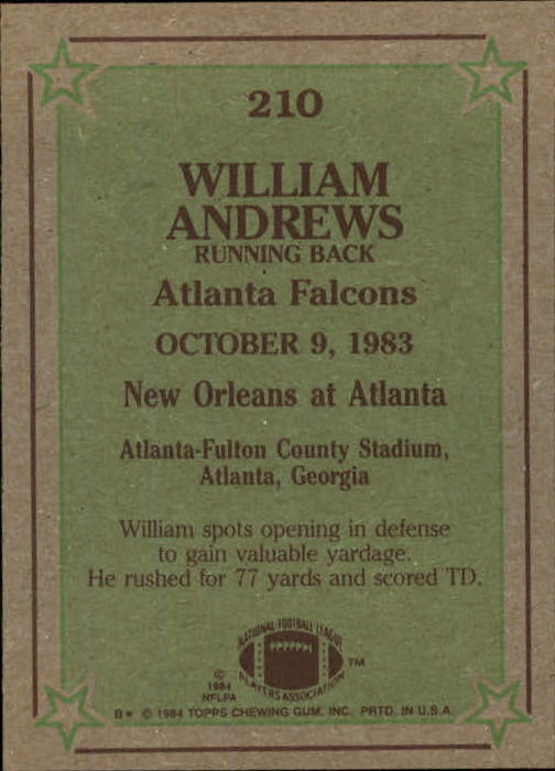 1984 Topps #210 William Andrews IR back image