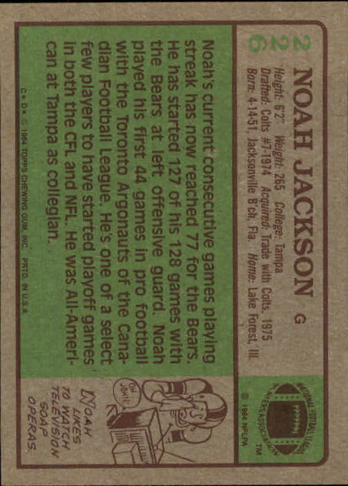 1984 Topps #226 Noah Jackson UER/(photo actually/Jim Osborne) back image