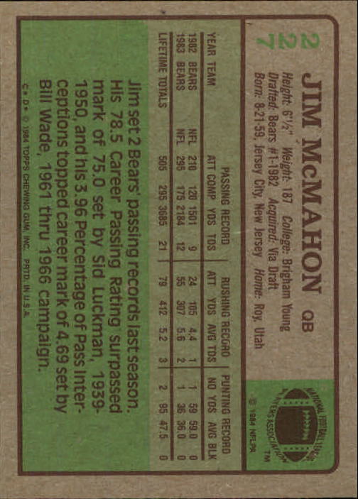 1984 Topps #227 Jim McMahon back image