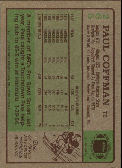 1984 Topps #265 Paul Coffman back image