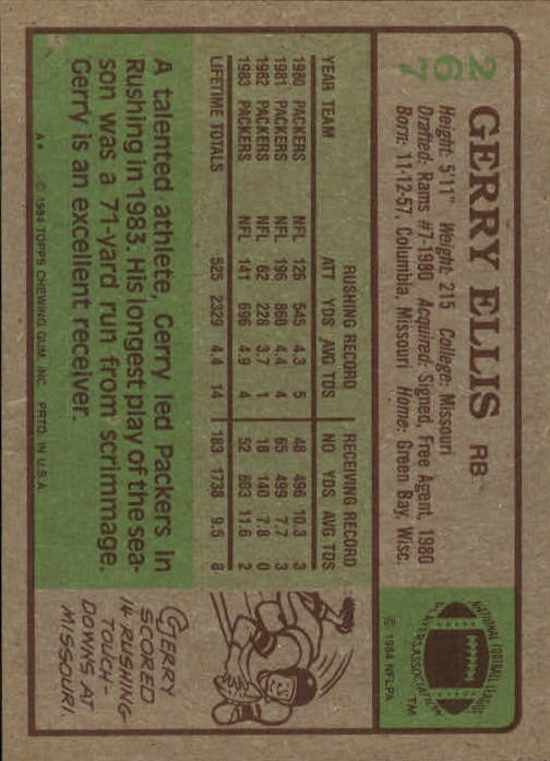 1984 Topps #267 Gerry Ellis back image