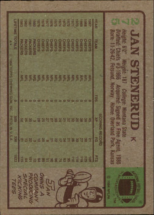 1984 Topps #275 Jan Stenerud back image